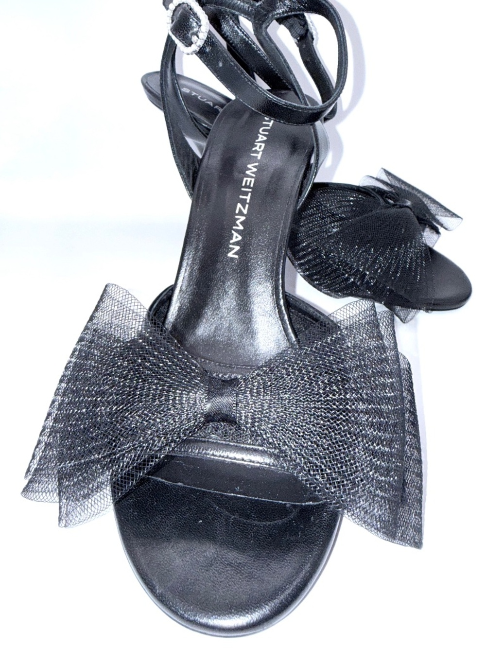 Stuart Weitzman 7.5 Black Satin Mesh Blushing Bow Sandles